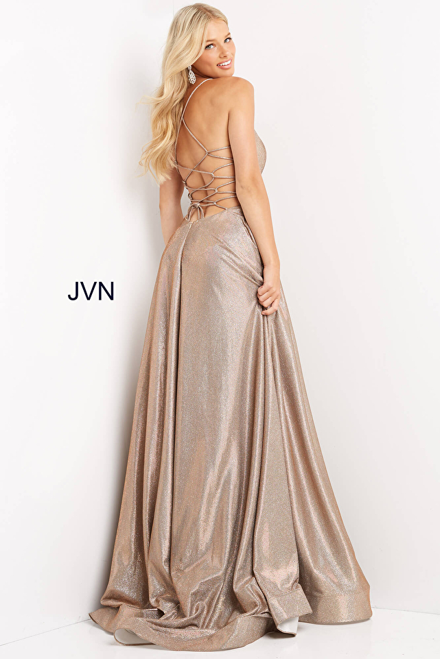 JVN04713 Cafe Metallic A Line Long Prom Dress